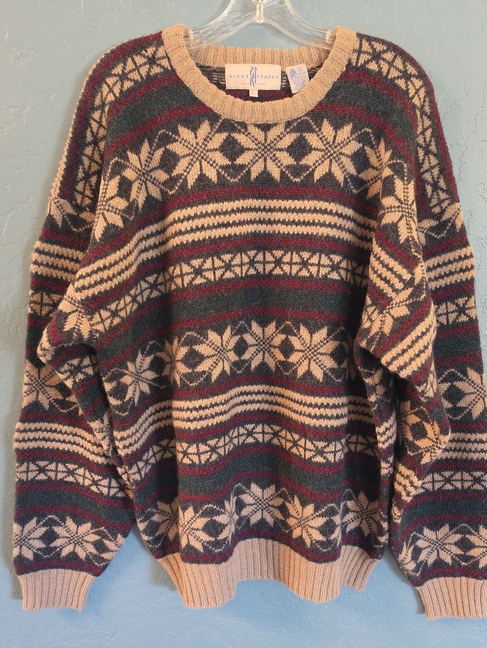 Shetland Wool VTG River Trader Nordic Pattern Crewneck Sweater In Tan Red Green